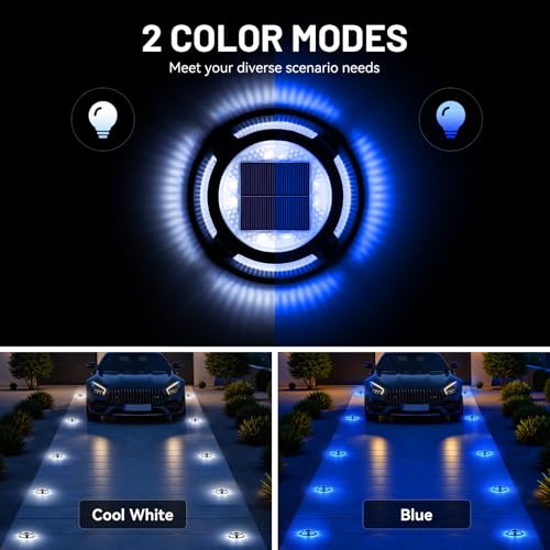 Solar Driveway Lights, 12 Pack Heavy Duty Driveway Lights Solar Powered 2 Color Mode (Cool White/Blue) IP68 Waterproof Outdoor Solar Deck Lights with Ground Stake for Pathway Garden Yard Walkway Dock - color: Cool White & Blue, size: 12 Pack