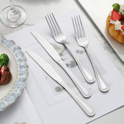 24-Piece Dinner Fork Set, 8-Inch Silverware, Stainless Steel, Elegant Pearl Dot Handle, Dishwasher Safe - color: Polished Silver