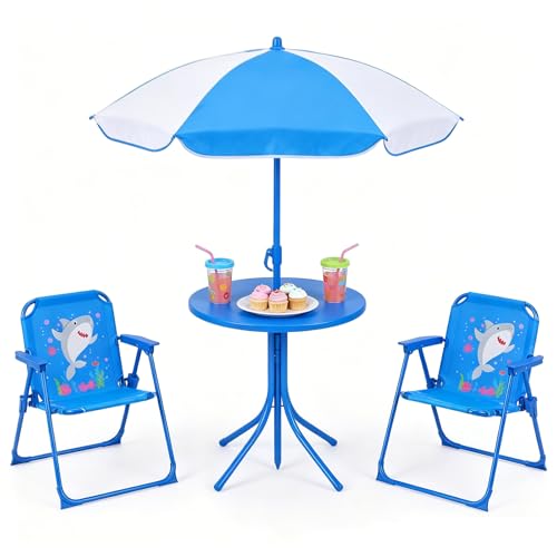 KOTEK Kids Picnic Table with Umbrella, Outdoor Table & 2 Folding Chairs, Cute Pattern Children’s Patio Furniture, Portable Kids Table and Chair Set for Backyard, Garden, Beach (Blue Ocean) - color: Blue Ocean