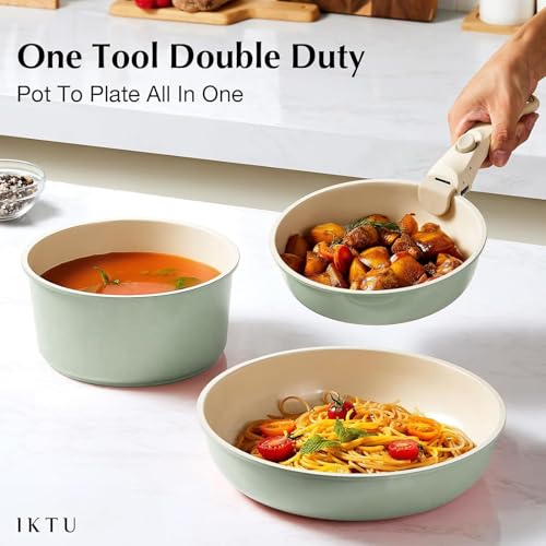 Ceramic Pots and Pans Set Non Stick Green, 8 Pcs Nonstick Cookware Set with Detachable Handle RV Camping Induction Kitchen Cookware Set Non Stick, PFAS PFOA & PTFE Free - color: Sage Green