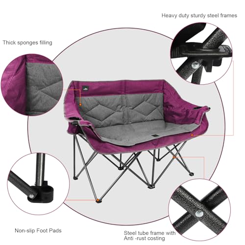 Northroad Folding Loveseat Camping Chair Portable Double Duo Full Padded Garden Chair for 2 Person Sofa w/ 2 Cup Holder,Wine Glass Holder,Mesh Storage,Support 500lbs for Picnic Beach Travel (Purple) - color: Purple&grey