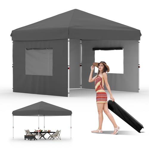 10x10 Pop Up Canopy with 3 Sidewalls - Easy Up Camping Tent with One Button Push Setup - 1 Roller Bag, 3 Adjustable Height, 4 Weight Bags for Deck, Garden, Sports, Beach, Party - Grey - color: Gray, size: 10x10