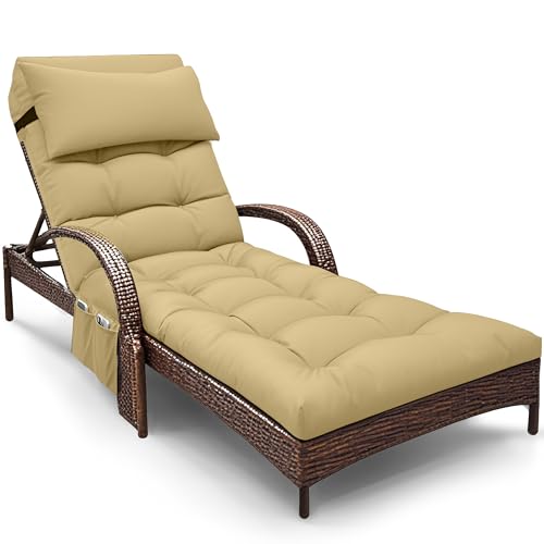Outdoor Chaise Lounge Chair Cushion, Waterproof Outdoor Chair Cushions for Patio Furniture, 71 x 21 x 4 Inches Replacement Chaise Lounge Cushion with Ties (Khaki) - color: Kakhi