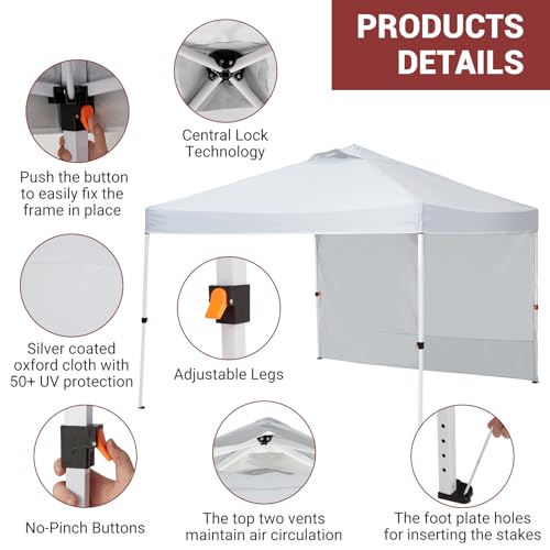 10x10 Red Pop-Up Canopy Tent with Side Walls, Waterproof Sun Shelter, Portable Outdoor Tent for Camping, Beach, Garden & Backyard - color: White with side wall, size: 10x10ft