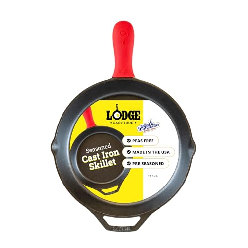 Lodge Seasoned Cast Iron Skillet 12 Inches - Quality Frying Pan for the Stove, Oven, Grill & Campfire - Includes Silicone Hot Handle Holder - Non-Toxic, Nonstick & Long-Lasting - size: 12 inch + Hot Handle Holder