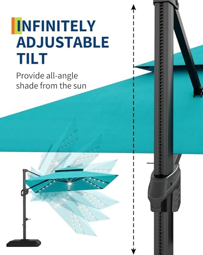 9ft Outdoor Patio Umbrella Heavy Duty 8 Ribs, Waterproof UV Protection Sun Shade with Crank Lift & Push Button Tilt, Outdoor Umbrella for Deck, Pool, Garden, Backyard, Lawn - color: Turquoise Blue&Square-Lights, size: 10FT Roman
