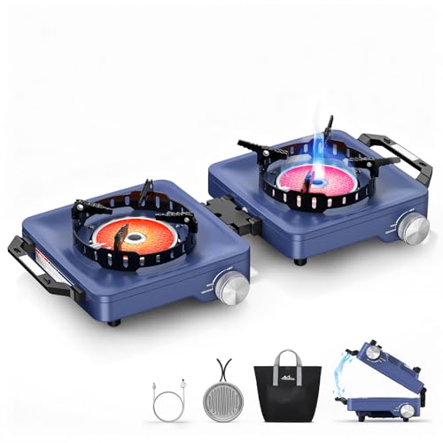 MoKo Propane Camping Stove 2 Burner, 36,000 BTU Infrared & Open Flame Hybrid, Windproof Folding Portable Outdoor Gas Cooking Kit with Frying Pan & Carry Bag For RV, Tailgating, Survival, Blue - color: Blue