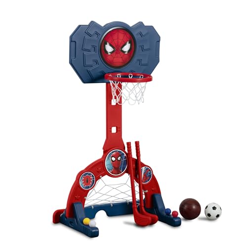 Delta Children Marvel Spider Man 4-in-1 Sports Center – Adjustable Easy Score Basketball Hoop, Soccer/Hockey Net and Golf Game, Red/Blue - color: Marvel Spider-man