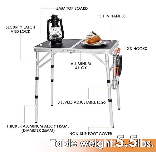 Folding Picnic Table 2ft Portable Camping Table Adjustable Heights Metal Aluminum Lightweight Foldable Small Outdoor Card Table with Carry Handle for Outside Indoor Camp Cooking BBQ Beach(Black) - color: Black