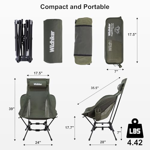 Wildhiker Compact High Back Camping Chair - Foldable with Dual Sitting Modes, Pillow, Arm Pads and Side Pockets - Lightweight Portable Chair for Motorcycle, RV, Festival, Travel - Green - color: Green