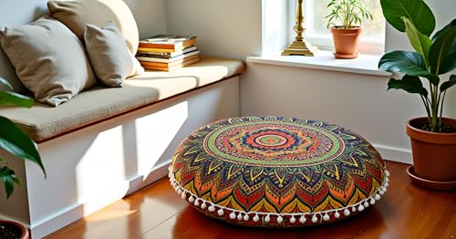 CRAFT KALA 22" Floor Pillows Cover for Sitting, Large Meditation Cushions Cover for Adults, Bohemian Mandala Round Pouf Seating Ottoman Cover for Outdoor Yoga and Living Room New Blue Ombre - color: New Blue Ombre, size: 22"
