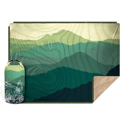 Outdoor Camping Blanket - Puffy Camping Blanket Packable,Sherpa Fleece Warm Blanket for Camping, Outdoors, Travel, Stadium, Festivals, Beach, Hammock 56"x 78" Machine Washable, DWR, Lightweight - color: Green Mountain, size: 78 X 56 Inches
