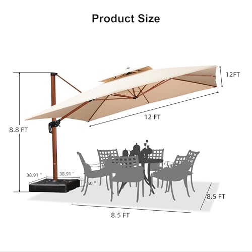 PURPLE LEAF 12ft Patio Umbrella with Base Outdoor Square Umbrellas Large Cantilever Umbrella Windproof Offset Umbrellas Heavy Duty Sun Umbrella for Garden Deck Pool Patio, Beige - color: Beige, size: 12'X12', style: Base Included