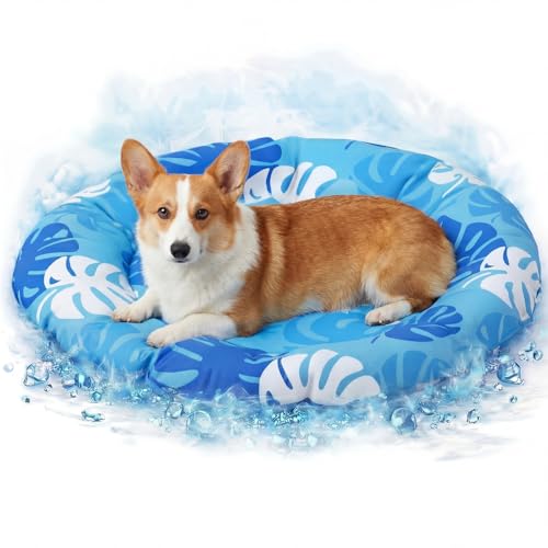 Drydiet Pet Cooling Mat for Medium Dogs and Cats, 25.2'' x 25.2'' Thickened Round Blue Pad Anti-Grab Internal Gel Without Water Filling, Lightweight, Washable, Playmat for Indoor/Outdoor - color: Blue, size: 25.2'' X 25.2''