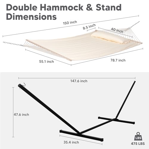 SUNCREAT Hammocks Extra Large Double Hammock with 12 ft Stand, 475lbs Capacity, Outdoor Portable Hammock with Hardwood Spreader Bar, Extra Large Pillow, Beige - color: Beige, size: 12 ft Stand