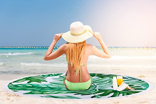 Benefeet Sox Beach Towel Large Round Mandala Pool Towels Tassels Microfiber Quick Dry Beach Blanket Throw Bohemian Roundie Swim Pool Circle Towel, 59 Inches - color: Tropical Palm Leaves