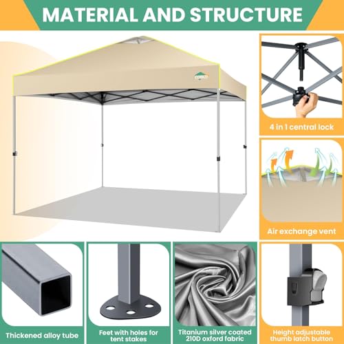 COBIZI 10x10 Pop Up Canopy Tent, Outdoor Party Tent Without Sidewall One Push Setup Glow, 3 Adjustable Height Air Vent Waterproof UPF50+, Bag, 4 Sandbag, 8 Stake, 4 Rope for Beach, Commercial - color: Khaki, size: 10x10