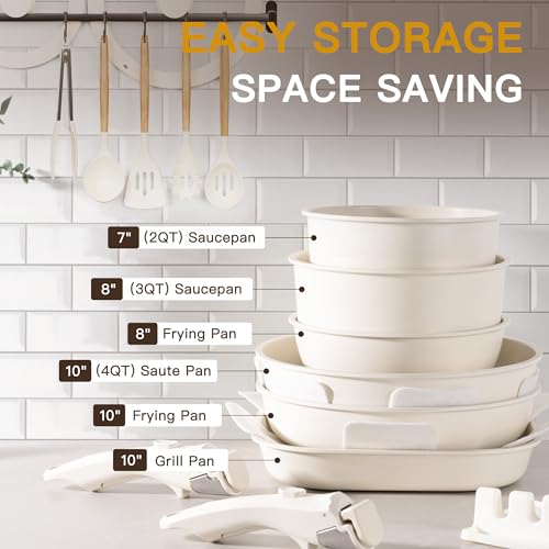 Astercook 23 Pcs Pots and Pans Set Non Stick, Ceramic Cookware Set Detachable Handle, RV Kitchen Cooking Set Removable Handles, Oven Safe, Induction Ready, Stackable, Cream White, Mothers Day Gifts