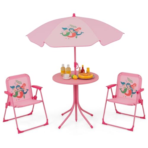 Costzon Kids Picnic Table, Kids Outdoor Table with 2 Folding Chairs, Height Adjustable Umbrella, Portable Children Outdoor Furniture for Patio, Garden, Backyard (Pink) - color: Pink Mermaid