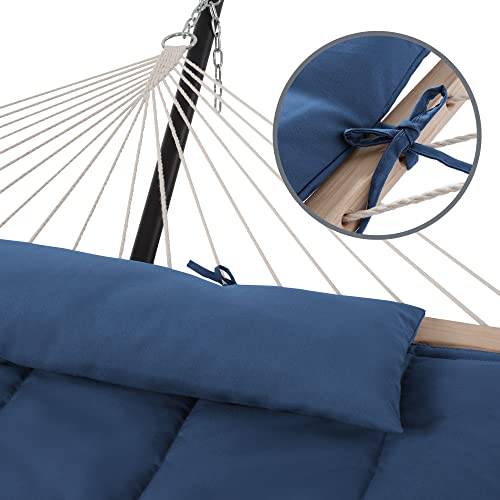 SUNCREAT Hammocks Outdoor Double Hammock with Hardwood Spreader Bar, Heavy Duty Cotton Rope Hammock with Polyester Pad, Dark Blue - color: Dark Blue