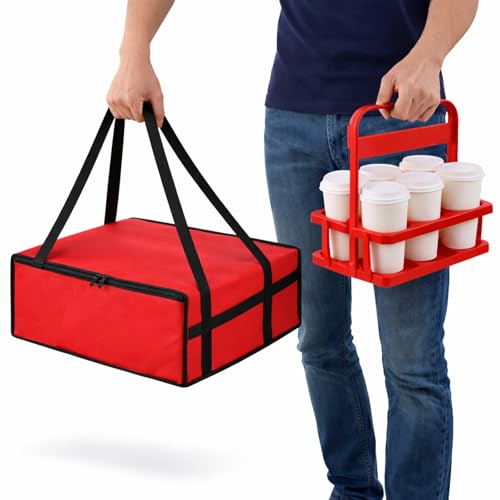 Bodaon Insulated Pizza Bags for Delivery & Plastic Portable Drink Carrier, 20" x 20" x 6" ermicas Thermal Food Carrier for Hot and Cold Food, Large Warming Bag for Catering and Delivery, 1-Pack - color: Red Bag with Drink Carrier, size: 20" x 20" x 6"