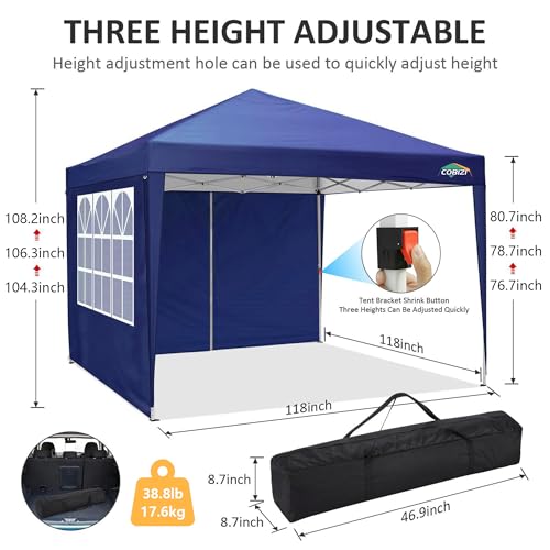 COBIZI 10x10 Pop Up Canopy Tent with 4 Removable Sidewalls, UPF 50+ Waterproof 10x10 Outdoor Portable Canopy for Commercial, Parties, Backyard, Beach with Carry Bag, Ropes, Stakes (Navy Blue, 10'x10') - color: Deep Blue, size: 10x10 FT