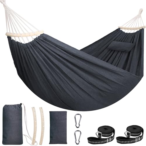 Chihee Hammock for Stand 9.8ft x 4.9ft Soft Cotton Hammock Holds Up to 660lbs Portable Tree Hammocks with Detachable Spreader Bar Pillow 2 Strong Webbings 2 Carabiners Patio Garden Indoor Outdoor - color: Dark Grey, size: 300x150cm
