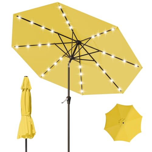 9FT Patio Umbrella with Solar Lights,Outdoor Market Umbrella with Tilt and Crank, LED Lighted Table Umbrella for Garden,Deck,Backyard,Pool,Beach (Yellow) - color: Yellow