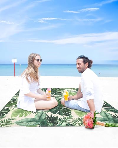 Summer Watercolor Green Palm Leaves Beach Blanket Waterproof Sandproof Outdoor Picnic Mat 83x79in Farmhouse Tropical Plant Lightweight Large Beaach Blankets with 4 Stake & 4 Corner Pockets - size: 83x79in