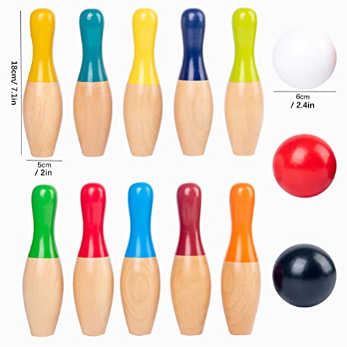 Lawn Bowling Games Wooden Backyard Yard Game Set with 10 Pins 3 Balls and Mesh Bag for Kids Adults Indoor Outdoor