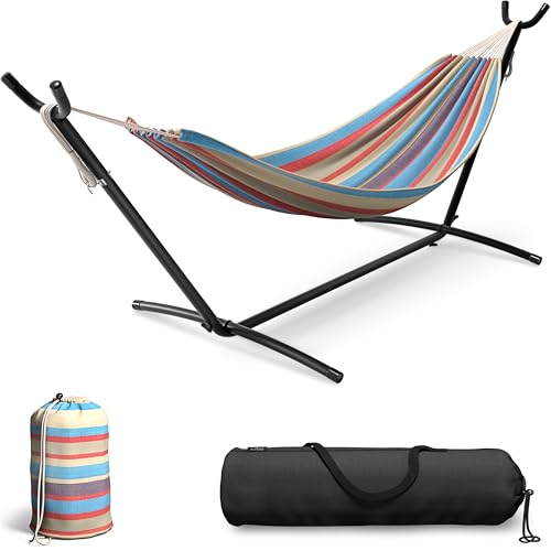 Sorbus 2-Person Luxury Hammock with Steel Stand- Premium Cotton Blend 60" Large Bed- Heavy Duty 450lbs Portable w/Carrying Case - for Garden Yard Patio Outdoor Camping Gifts- Washable - color: Blue/Sand/Purple/Red