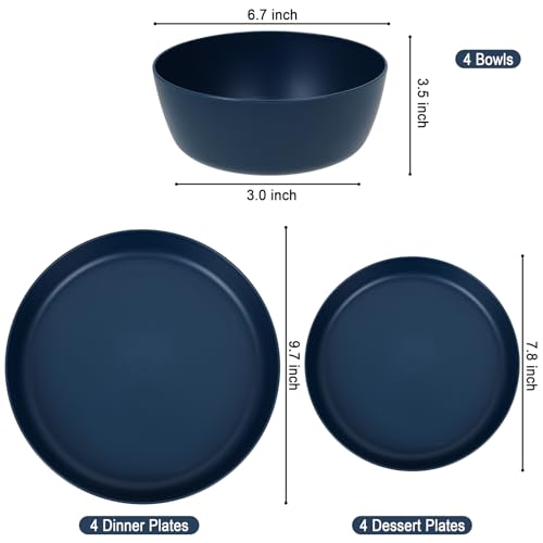 EI 12pcs Dark Blue Wheat Straw Dinnerware Set,Wheat Straw Plates,Plastic Plates Reusable,Plate and Bowls Sets,Unbreakable Plastic Plate for Dinner, Camping,Picnic - color: Dark Blue Wheat Straw Plates and Bowls