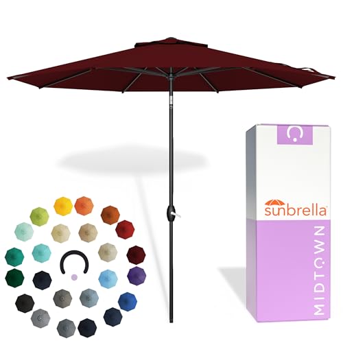 Midtown Umbrellas - The Lean 10 Ft Patio Umbrella with Fade-Resistant Sunbrella Fabric, Auto-Tilt Aluminum Frame and 8 Reinforced Ribs for Deck, Pool & Garden - Burgundy Canopy, Black Pole - color: Sunbrella Burgundy, size: 10 Feet