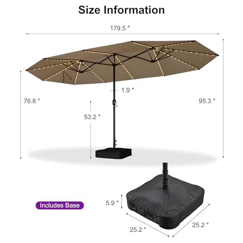 PURPLE LEAF 15ft Patio Market Umbrella with Solar LED and Base Double-Sided Rectangle Outdoor Table Sun Umbrellas with Crank for Pool Beach Deck Backyard Khaki - color: Beige, size: 15' X 9' with Lights