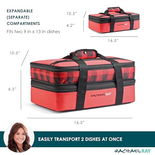 Rachael Ray Expandable Insulated Casserole Carrier for Hot or Cold Food, Thermal Lasagna Lugger Tote for Potluck, Parties, Picnic, and Cookouts, Fits 9" x 13" Baking Dish - color: Red Buffalo Check