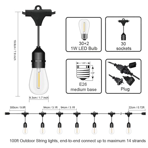 Outdoor String Lights LED 100FT Commercial Grade Heavy Duty Light String Lights with 30 Sockets 32 Shatterproof Plastic Bulbs Include 2 Spare S14 Dimmable Edison Bulbs Patio Market Cafe Light - color: Black, size: 100FT S14