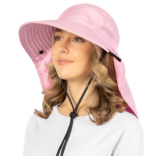 SUN CUBE Wide Brim Sun Hat with Neck Flap, UPF50+ Hiking Safari Fishing Hat for Men Women, Sun Protection Beach Hat - color: Pink