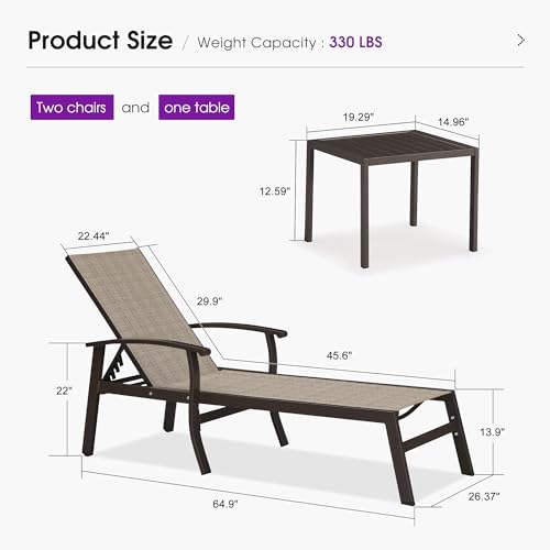 PURPLE LEAF Outdoor Chaise Lounge Chair Set of 3 Patio Pool Lounger Aluminum Chairs with Side Table and Wheels Adjustable Tanning Recliner with Armrests for Outside Backyard Deck Beach, Khaki - color: Khaki, size: Standard Upgrade