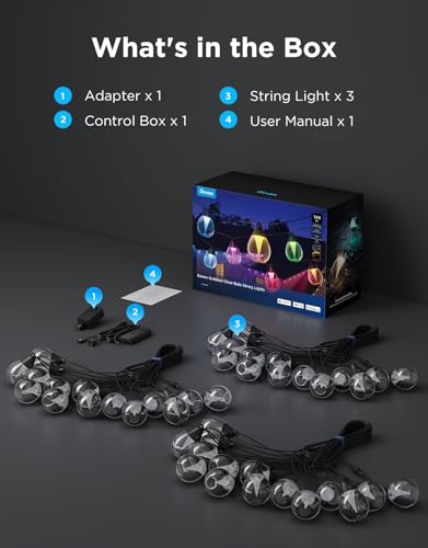 Govee Clear Bulb Outdoor String Lights 144ft, RGBWIC Smart Outdoor Lights with 45 Dimmable LED Bulbs, 111 Scene Modes, IP67 Waterproof & Shatterproof, Works with Alexa, Google & Matter for Patio - size: 144ft