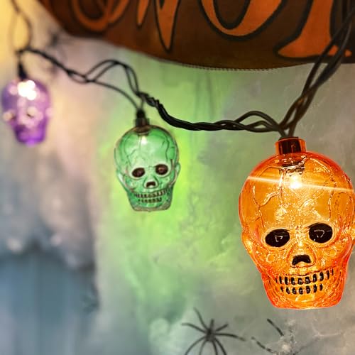 Halloween Skull String Lights Outdoor, 8.5Ft Ghost Head Lights with 10 LED Orange Green Purple Skull Head Lights, Hanging Halloween Decoration Skeleton Light for Patio, Porch, House, Party Decorations - color: Multicolor Ghost
