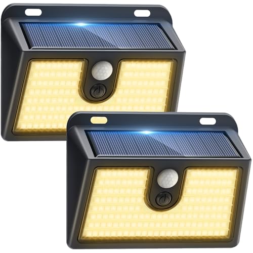 [2 Packs] Solar Motion Sensor Outdoor Lights, Super Bright Solar Lights Outdoor Waterproof, 3 Lighting Modes Security Wall Light for Outside Walking Dog Fence Backyard Deck Garden Door Step Garage - color: Warm White, size: 2 Pack