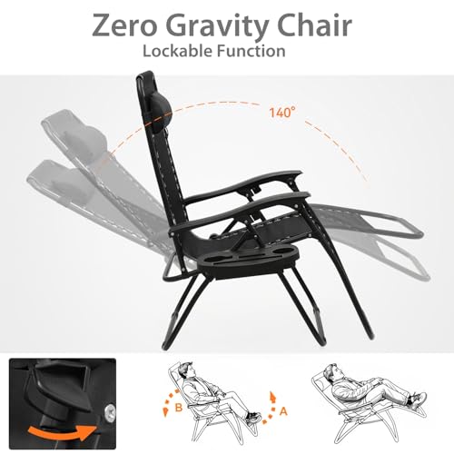 OS MOTOR Zero Gravity Chairs, Portable Folding Reclining Lounge Chairs with Adjustable Pillow and Cup Holder Trays for Outdoor, Patio, Beach, Camping, Garden, Poolside, Set of 2 Black - color: Black