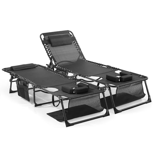 Unovivy Tanning Chairs with Face Hole Set of 2, Teslin Folding Outdoor Lounge Chair with 5-Position Reclining Back for Sunbathing, Pool, Patio, Camping - color: Black