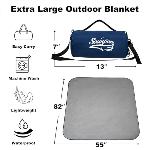 Waterproof Outdoor Blanket 82”X 55” Packable, Stadium Blankets for Camping with Quilted Fleece Lining, Large Windproof Emergency Throw for Garss Picnic Hiking Road Trip, Machine Washable, Navy 300GSM - color: Fleece Navy-300 Gsm, size: 82"x 55"