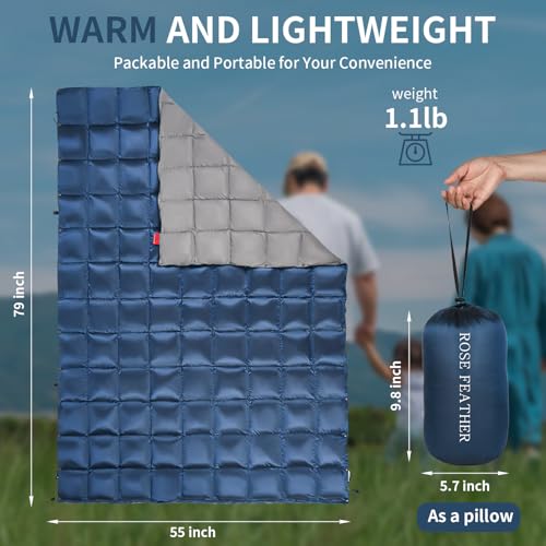 Down Camping Blanket - Lightweight, Packable, Warm & Puffy Outdoor Travel Quilt for Sleep, Hiking, Backpacking, Stadium, Festivals, Water-Resistant Sleeping Bag 55"x79" - color: Deep Sky Blue, size: 1LB 1.6OZ / 79" x 55"