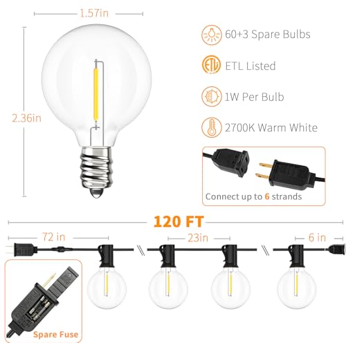 Svater Outdoor String Lights 120 FT, Patio Light with 63 Shatterproof LED Bulbs, Outside Plastic Hanging G40 Globe Lights for Cafe Market Bistro Backyard, Dimmable Warm White 2700K - size: 120ft