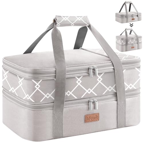 Lifewit Insulated Double Decker Casserole Carrier, Expandable Lasagna Lugger Tote Bag for Hot or Cold Food, Fits 9" x 13" Baking Dish for Potluck Parties, Picnic and Cookouts, Grey-Geometric - color: Grey-geometric