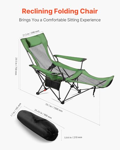 VEVOR 2-in-1 Reclining Camping Chair with Footrest for Adults, 4 Adjustable Positions, Portable Folding Lounger, Lightweight Mesh Beach Chair Supports 220lbs, Heavy Duty Camp Chairs Outdoor, Green - color: Green