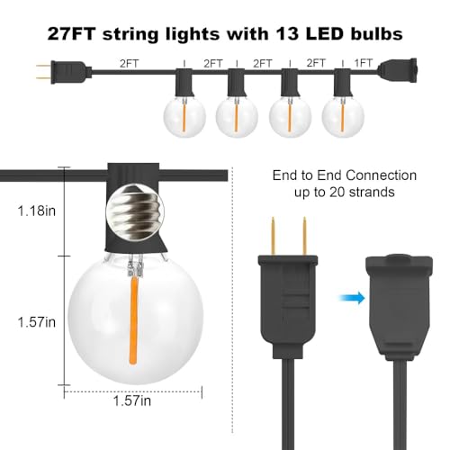 SUNTHIN Globe Outdoor String Lights, 27FT Patio Lights with 14 G40 Shatterproof LED Bulbs(1 Spare), Waterproof Hanging Lights String for Outside Backyard, Porch, Deck, Party, Garden - color: Black, size: 27FT