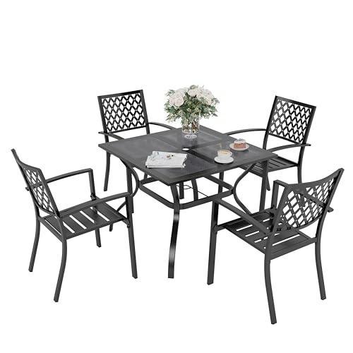 PHI VILLA 5 Pieces Outdoor Dining Set for 4, 37" Black Square Wrought Iron Table with Mesh Top & Stackable Metal Steel Chairs, Outside Furniture Set for Patio, Deck, Backyard, Porch - color: Net Back Chair, size: 5PCS-37" Mesh Top Table